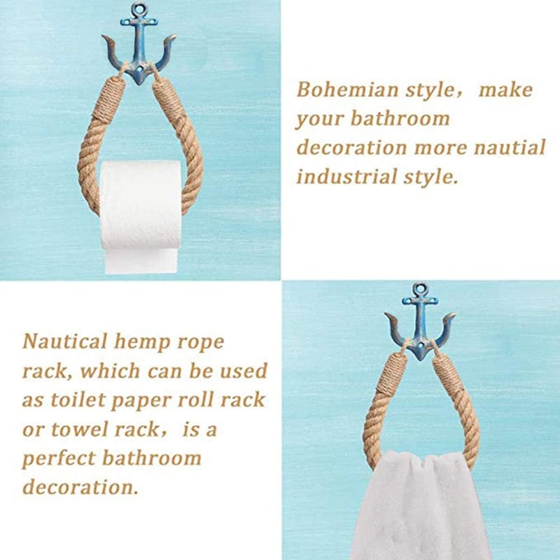 Amerla Nautical Anchor Toilet Paper Holder Rustic Industrial Wall-Mounted Towel Ring with Metal Hook for Bathroom Decor (Blue) - Image 3